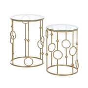 Set 2 Pezzi Tavolini da Caffè Design Elegante con Motivi a Cerchio, Metallo e Vetro Temperato Φ41x57cm & Φ36x51cm, Oro