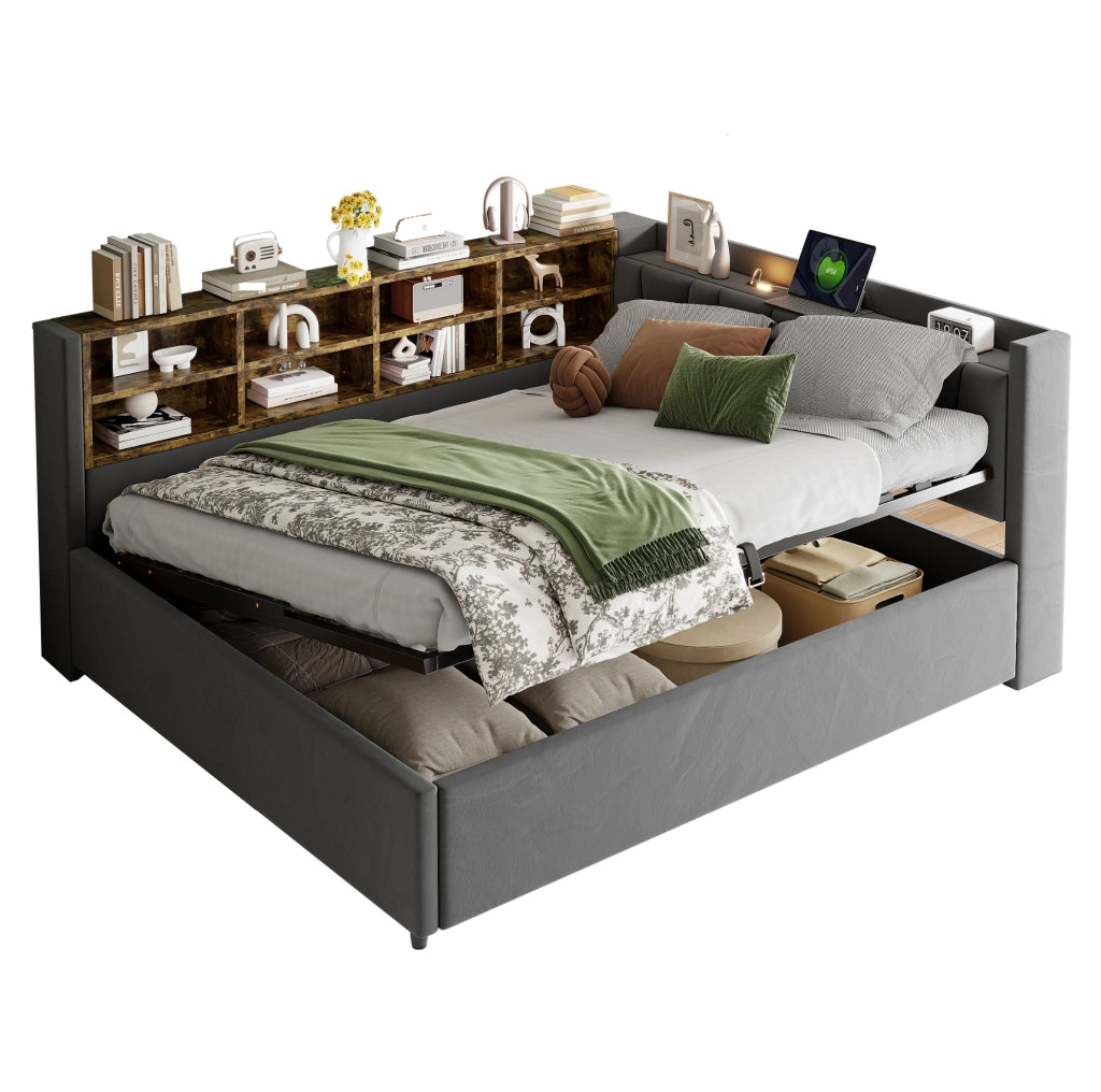 Letto imbottito 140x200 cm con vano idraulico e prese USB-C
