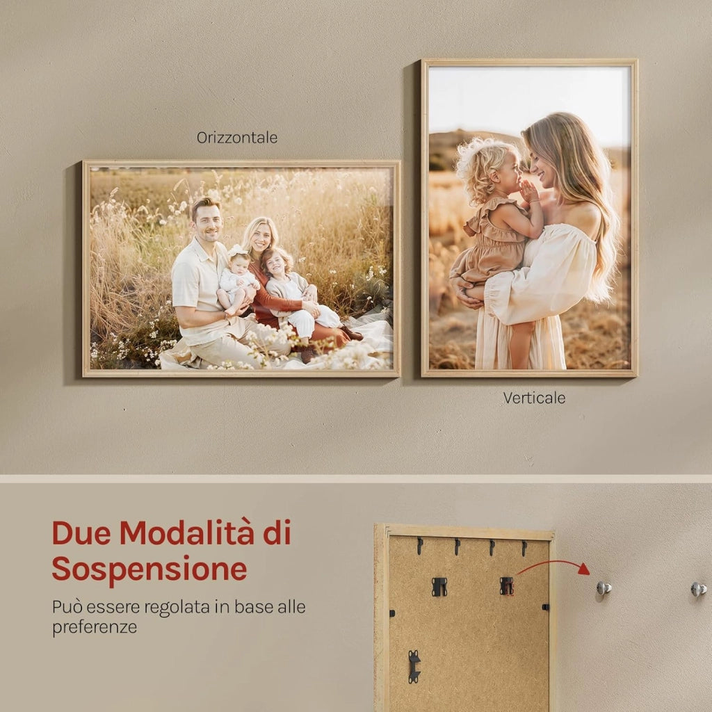 Set di 5 Cornici Foto 40x60 cm con Passepartout, Portafoto da Parete e Tavolo, Verticale o Orizzontale, in Legno Massiccio, Oro