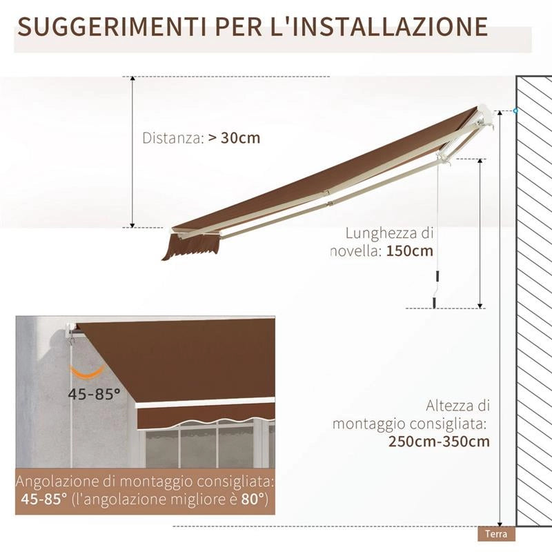 TENDA DA SOLE PER ESTERNO AVVOLGIBILE A MANOVELLA IN METALLO 395 X 245CM RUGGINE