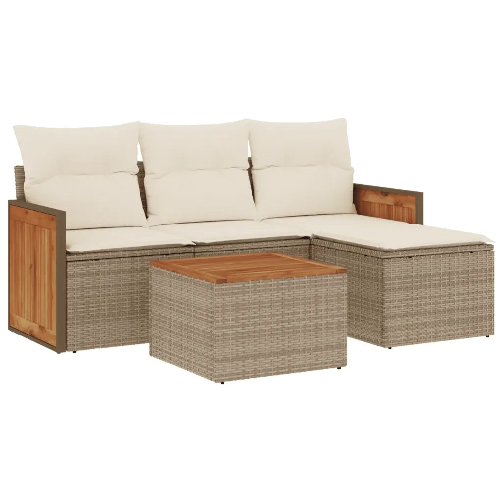 Set Divano da Giardino 5 pz | Set Salotto da Giardino con Cuscini Beige in Polyrattan