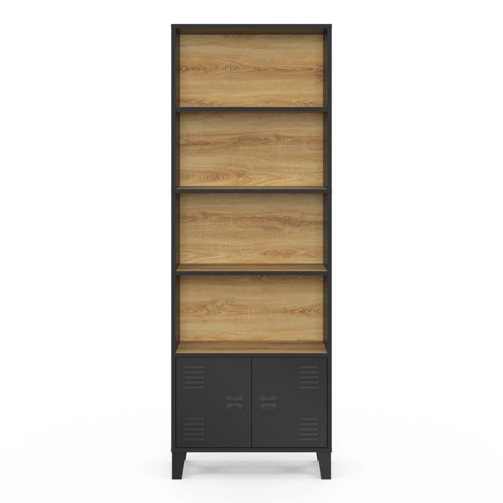 IDMarket - Libreria a 4 livelli con armadio ESTER con ante in metallo nero e piano in legno dal design industriale