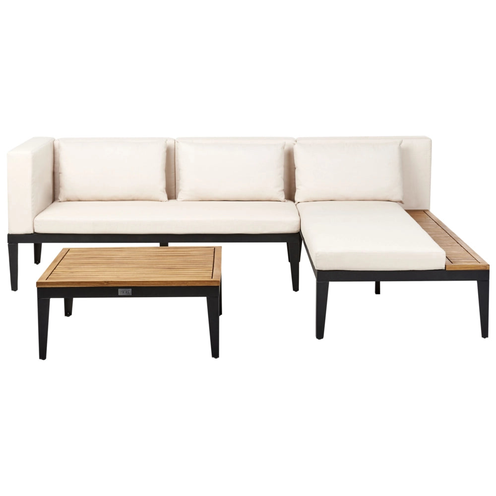 Set da giardino 3 posti in legno di acacia certificato con divano angolare tavolino e cuscini beige chiaro lato sinistro
