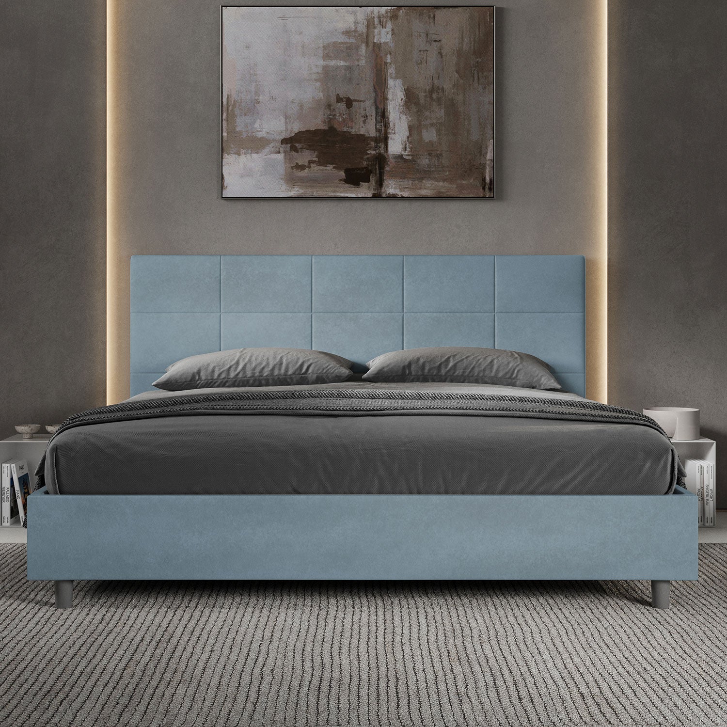 Letto Matrimoniale King Size 180x200 cm Senza Rete Imbottito in Microfibra Mika Azzurro