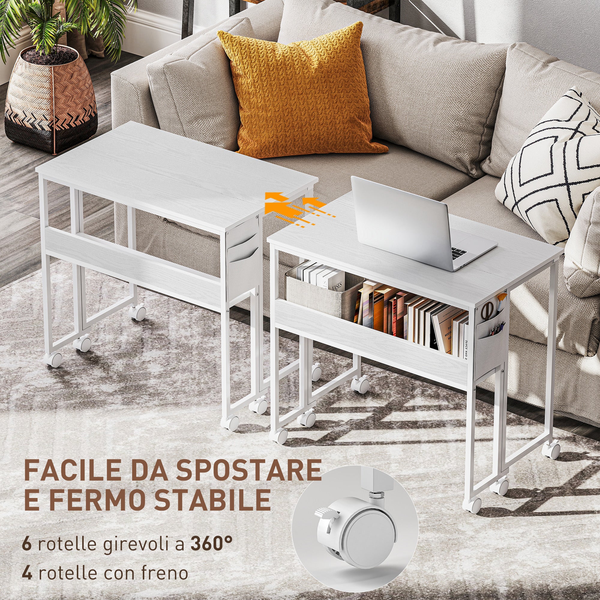 Scrivania Pieghevole Salvaspazio a Ribalta 80x50-21x75 cm con Scaffale e Ruote in MDF Bianco