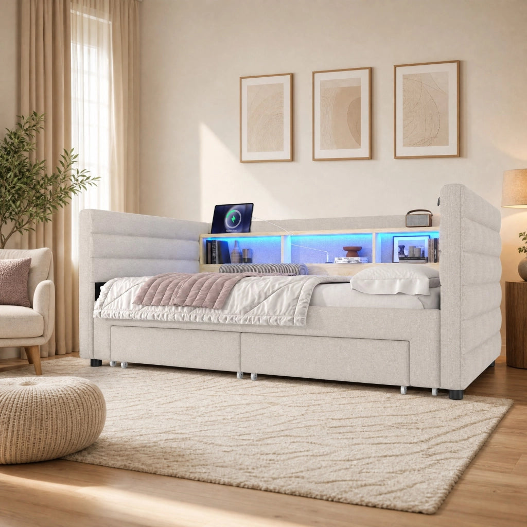 Divano letto estraibile in velluto beige 90 x 190 cm con LED