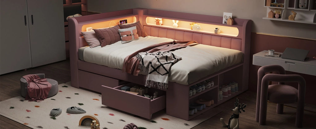 Letto imbottito con luce a led e porta usb, 2 cassetti e scarpiera, in mdf e compensato, rosa, 90 × 200 cm
