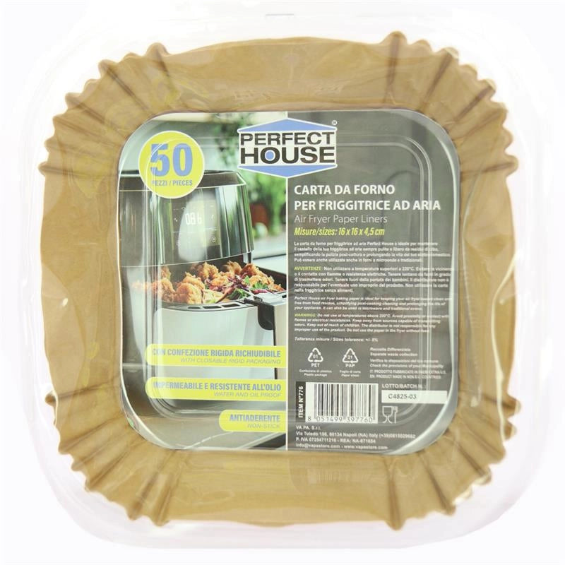 PERFECT HOUSE CARTA DA FORNO PER FRIGGITRICE ARIA IMPERMEABILE, ANTIADERENTE, CON CONFEZIONE RICHIUDIBILE 50 PZ 16X16X4,5 CM