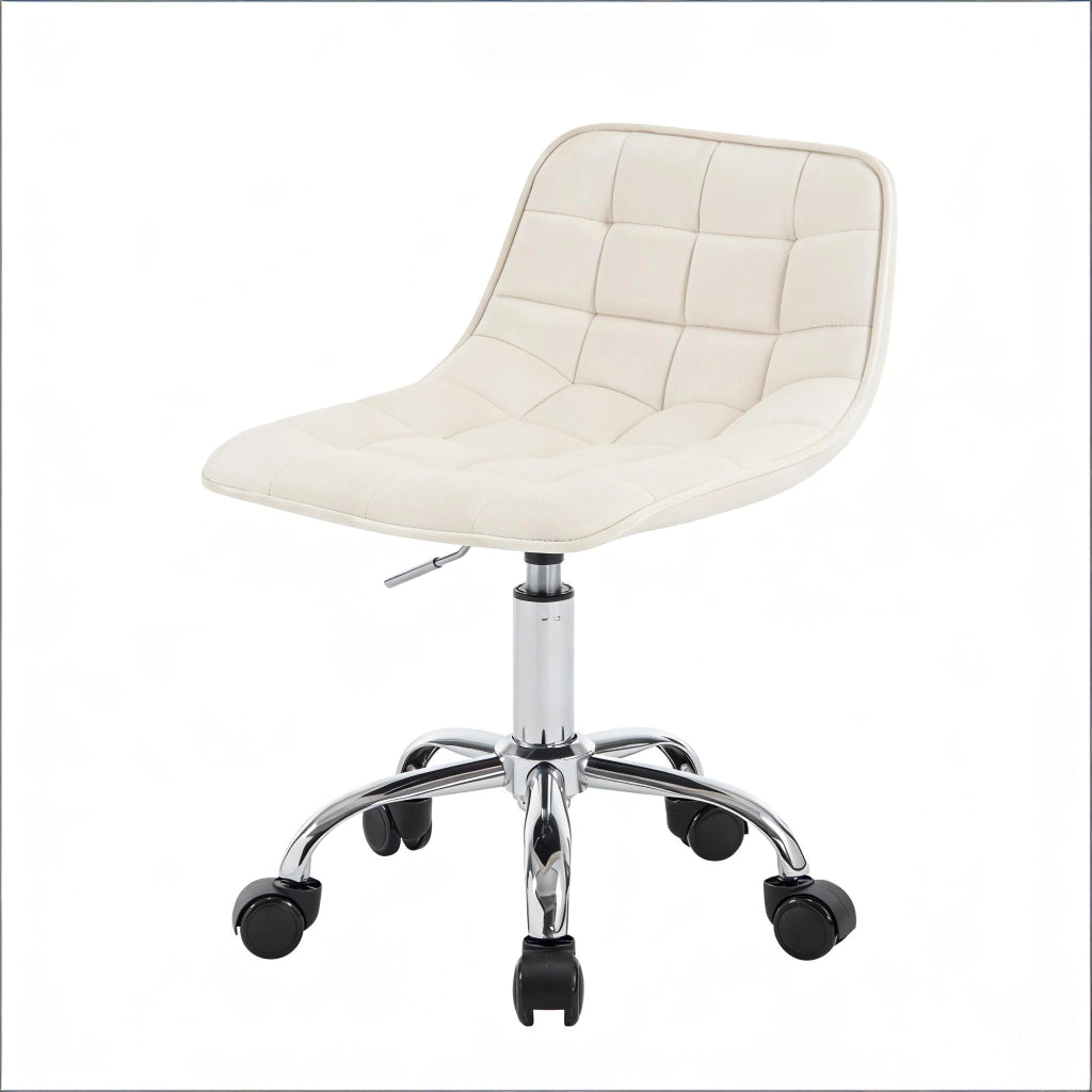 Sgabello da ufficio girevole in velluto crema con schienale ergonomico, altezza regolabile e ruote