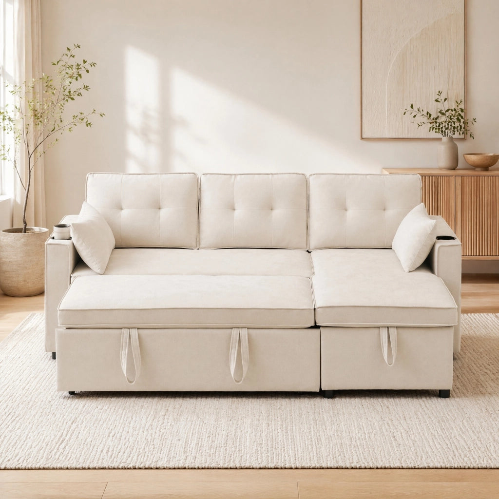 Divano Angolare Letto 3 Posti con Contenitore, Chaise Longue Reversibile, Portabicchieri, in Cotone Lino Beige