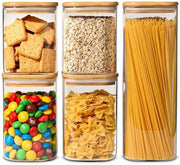 Set di contenitori in vetro borosilicato termoresistente - 5 pezzi - chiusura ermetica - adatto per caffè e snack per cani - coperchio in bambù - contenitori di stoccaggio