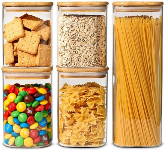 Set di contenitori in vetro borosilicato termoresistente - 5 pezzi - chiusura ermetica - adatto per caffè e snack per cani - coperchio in bambù - contenitori di stoccaggio