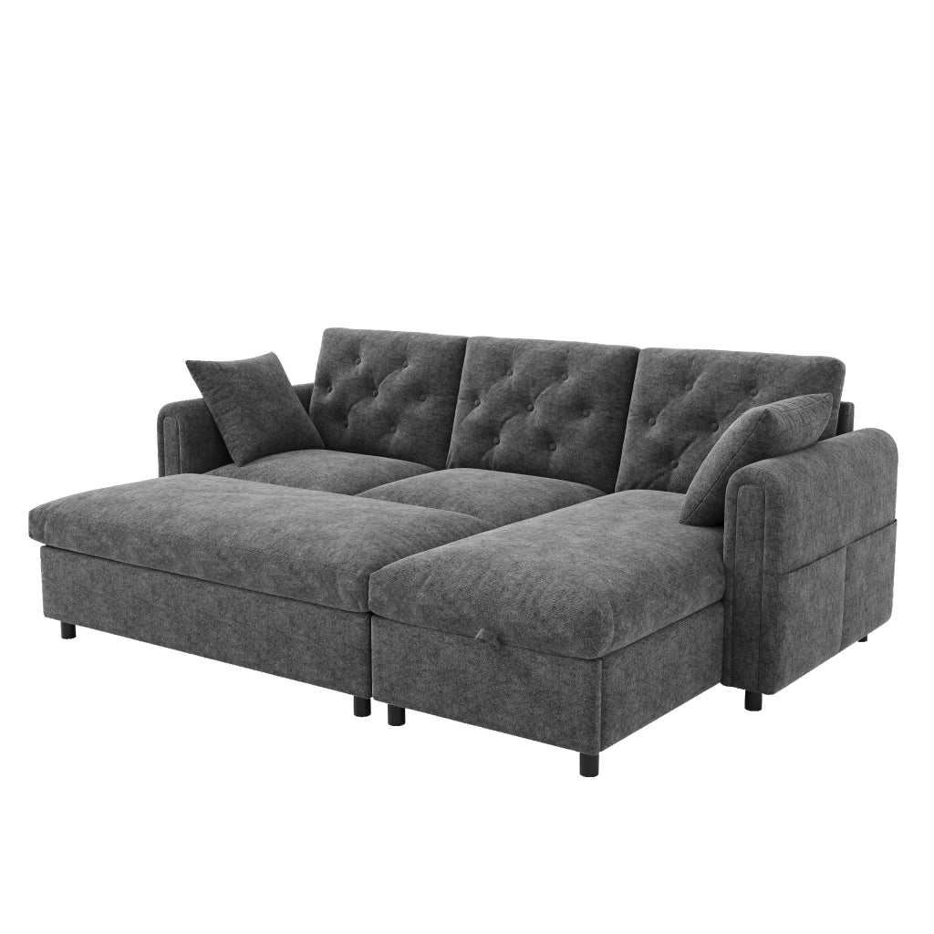 Divano in velluto grigio con chaise longue e pouf contenitore, seduta con molle insacchettate, 219 x 131 x 86 cm