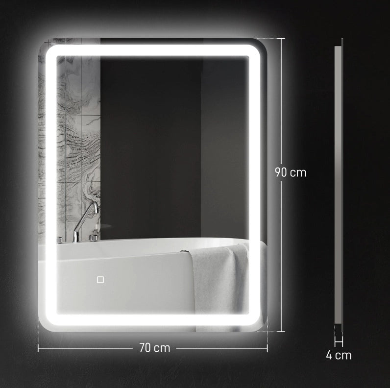 Specchio da bagno luminoso 70x90 cm argento, touch, antiappannamento, dimmerabile