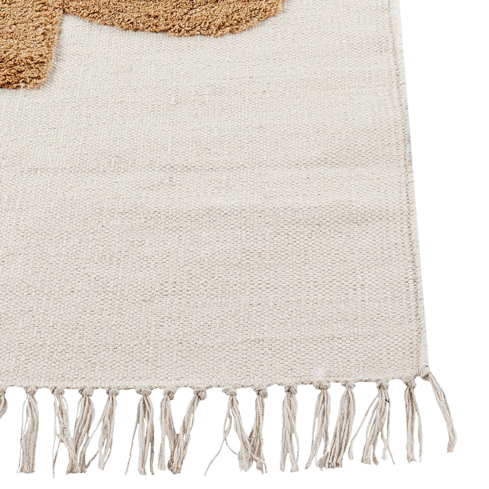 Tappeto per bambini in cotone beige 140 x 200 cm con motivo di dinosauro animale e nappe, tessuto a mano.