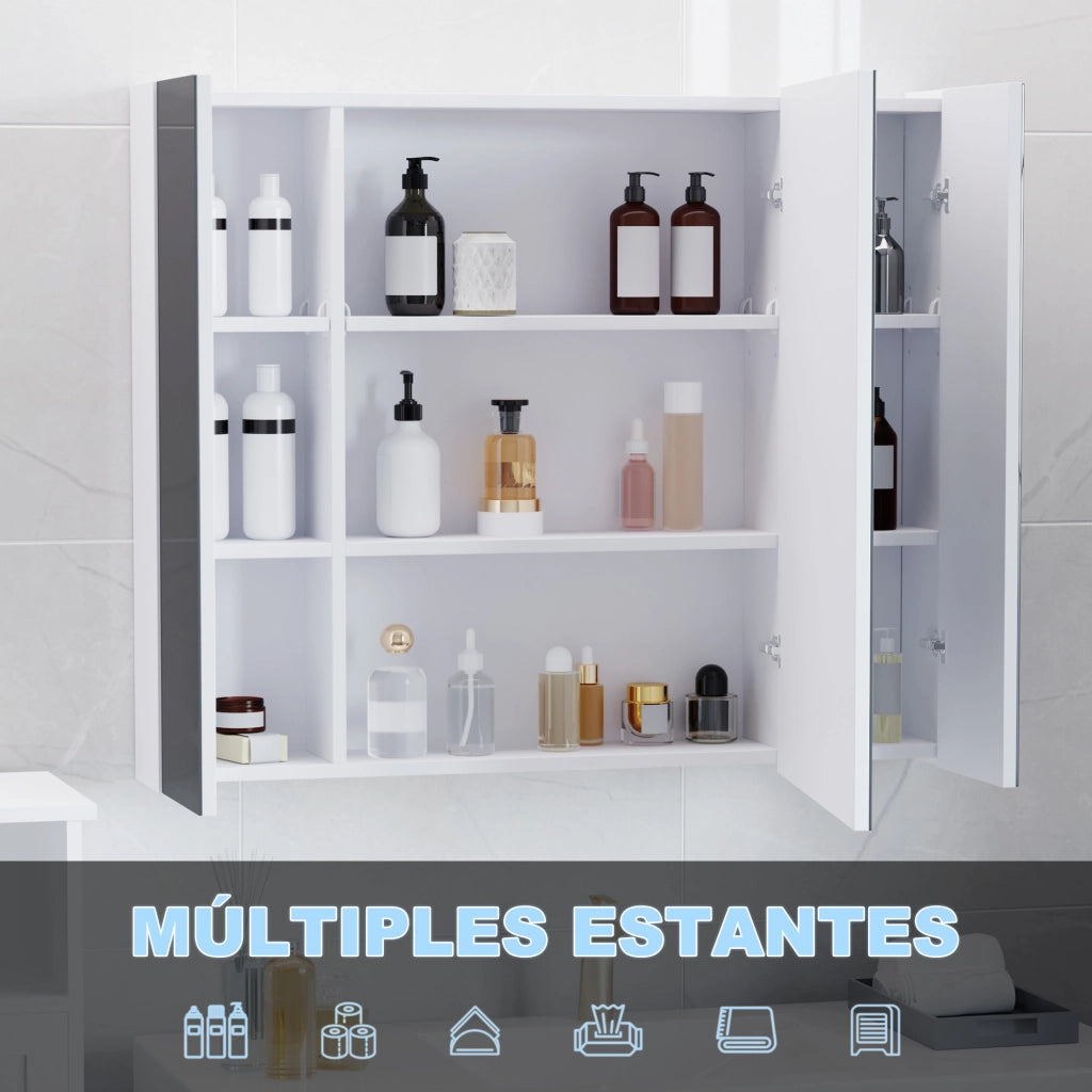 Armadietto Bagno con Specchio Luci LED e Ripiani Regolabili ¨C zephmum ¨C Bianco 90x15x75 cm