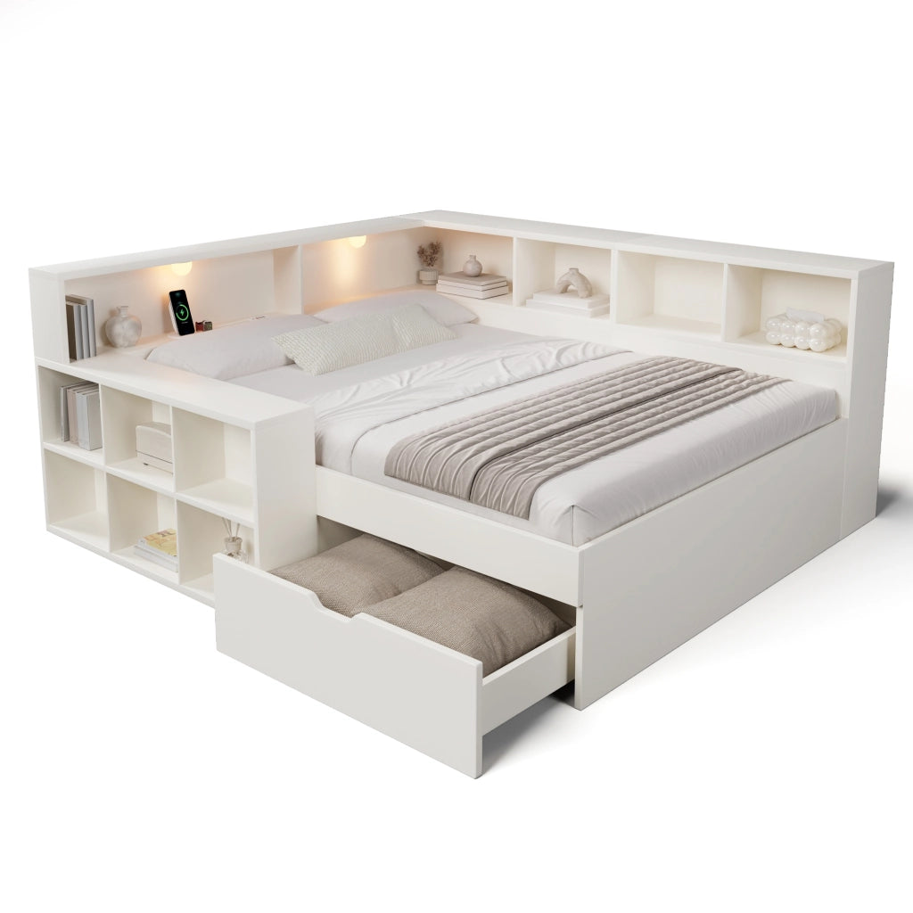 Letto matrimoniale 140x190 cm contenitore con cassetti; prese USB e USB-C; legno bianco