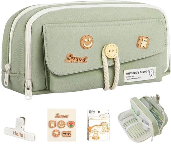 Etui grande per ragazze con patch decorativi, 4 dividers, etui multifunzionale per bambine estetiche, oggetti di scuola, articoli da ufficio
