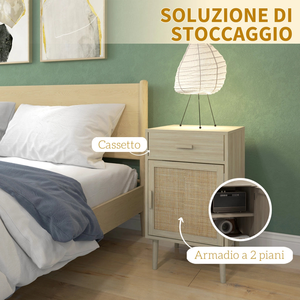Set 2 Comodini per Camera da Letto con Cassetto e Anta in Rattan Stile Boho, Colore Legno