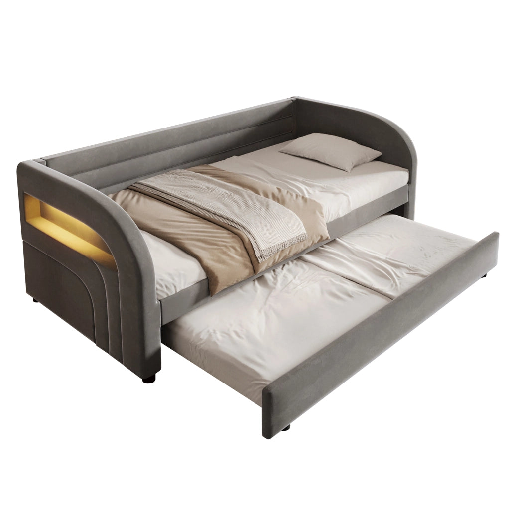 Letto singolo 90x200 in velluto con letto estraibile e LED, Grigio