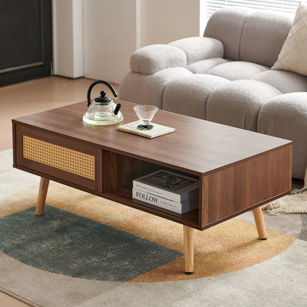 Tavolino da salotto in rattan con porta scorrevole; gambe in legno massello; stile naturale; per soggiorno; marrone; MDF