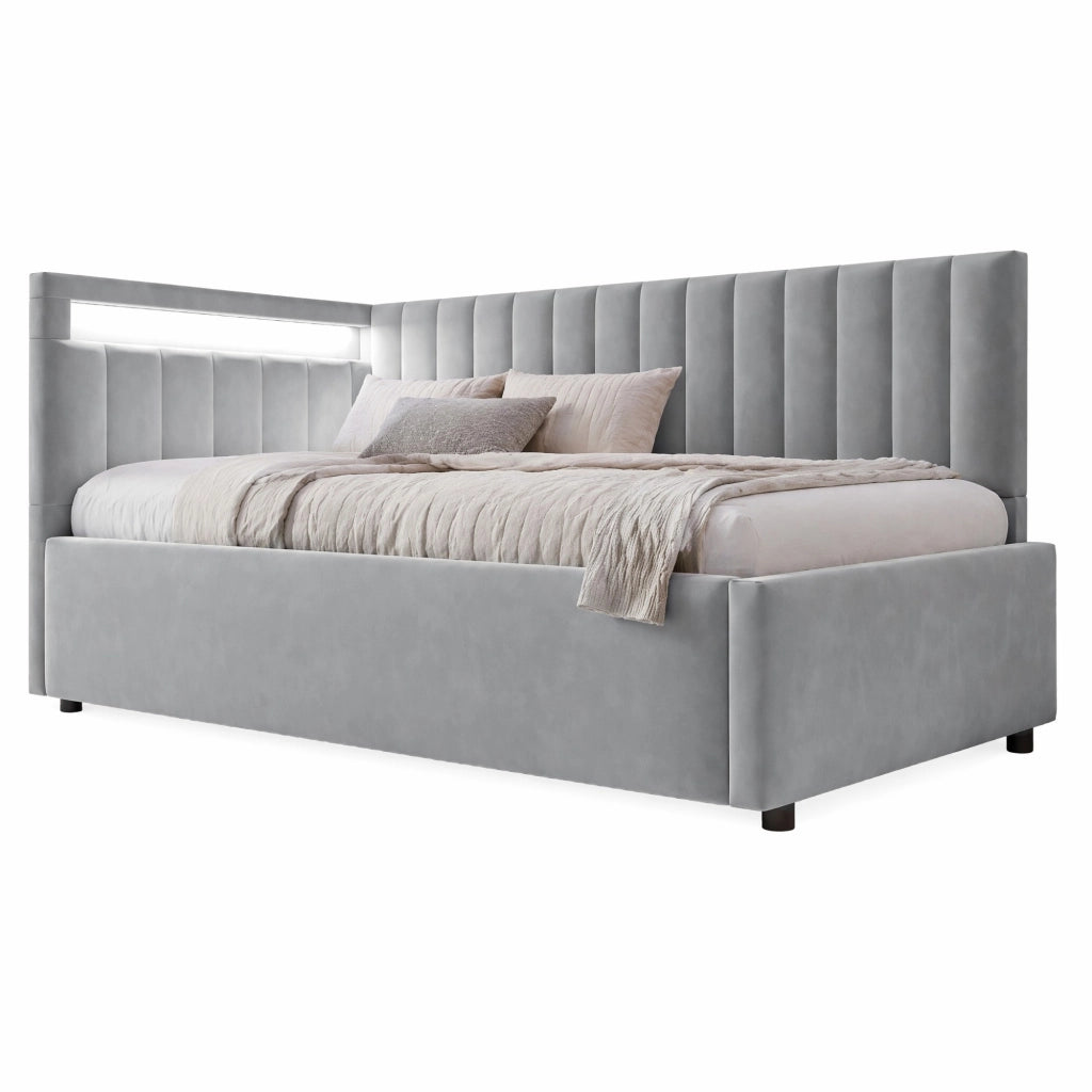 Letto imbottito 90x200 cm grigio in velluto con LED e vano idraulico