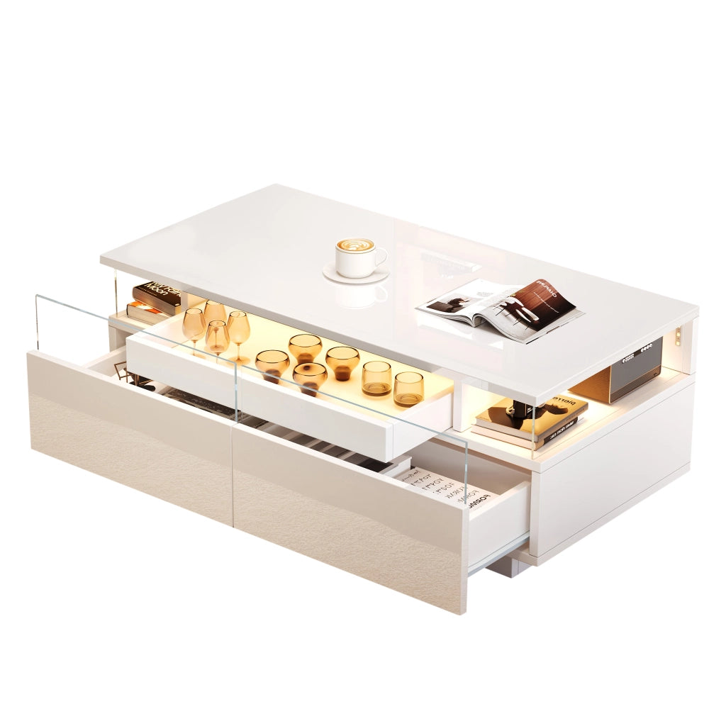 TAVOLINO DA SALOTTO 90x45x35,5 cm Bianco Lucido con 2 Cassetti e Vassoio