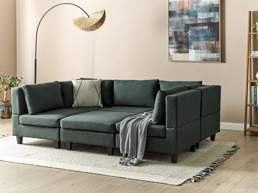 Divano moderno modulare a 5 posti con ottomana imbottito in tessuto poliestere con schienale imbottito a forma di U Verde Scuro soggiorno