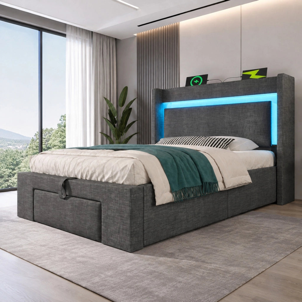Letto imbottito 90x200 cm con contenitore idraulico; LED; USB e USB-C; grigio in lino