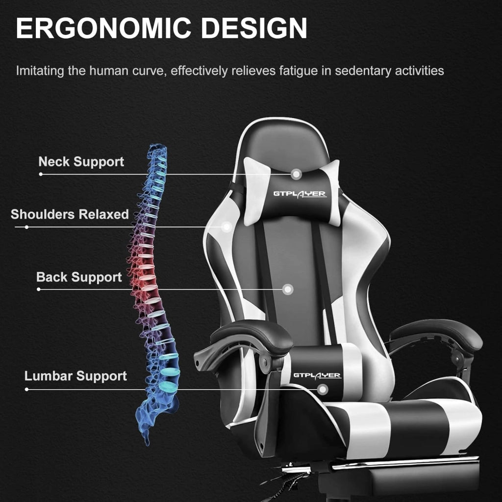 Sedia da gaming massaggiante ergonomica per computer, con poggiapiedi e supporto lombare, regolabile in altezza, sedile girevole a 360° e poggiatesta, per ufficio, colore bianco