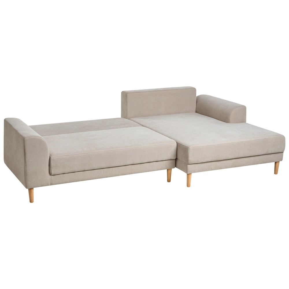 Divano letto angolare a 3 posti con braccioli contenitori rivestito in ciniglia beige chiaro lato sinistro stile moderno
