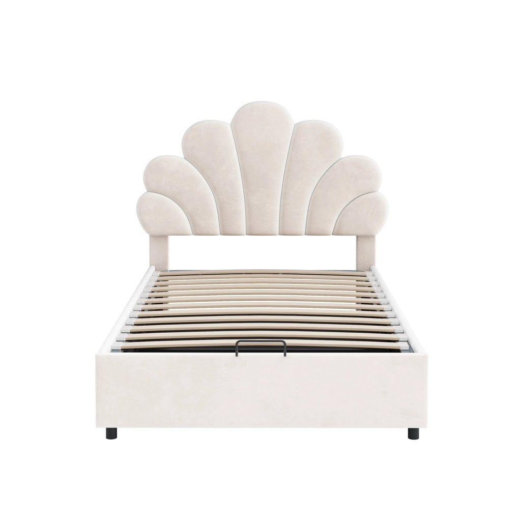 OKWISH Letto Contenitore 90×200 cm, Letto Singolo con Testiera Regolabile, Sollevamento Idraulico e Testiera Floreale, senza Materasso, Beige