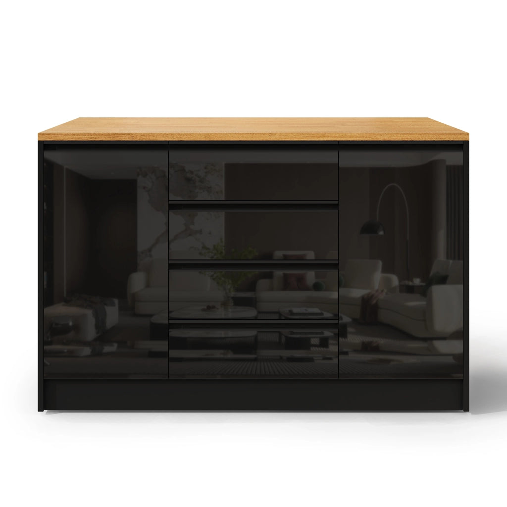 Isola Cucina con Piano Allungabile ¨C MINIMAL ¨C 4 Cassetti, 2 Ante, Nero, Effetto Legno, 140 cm