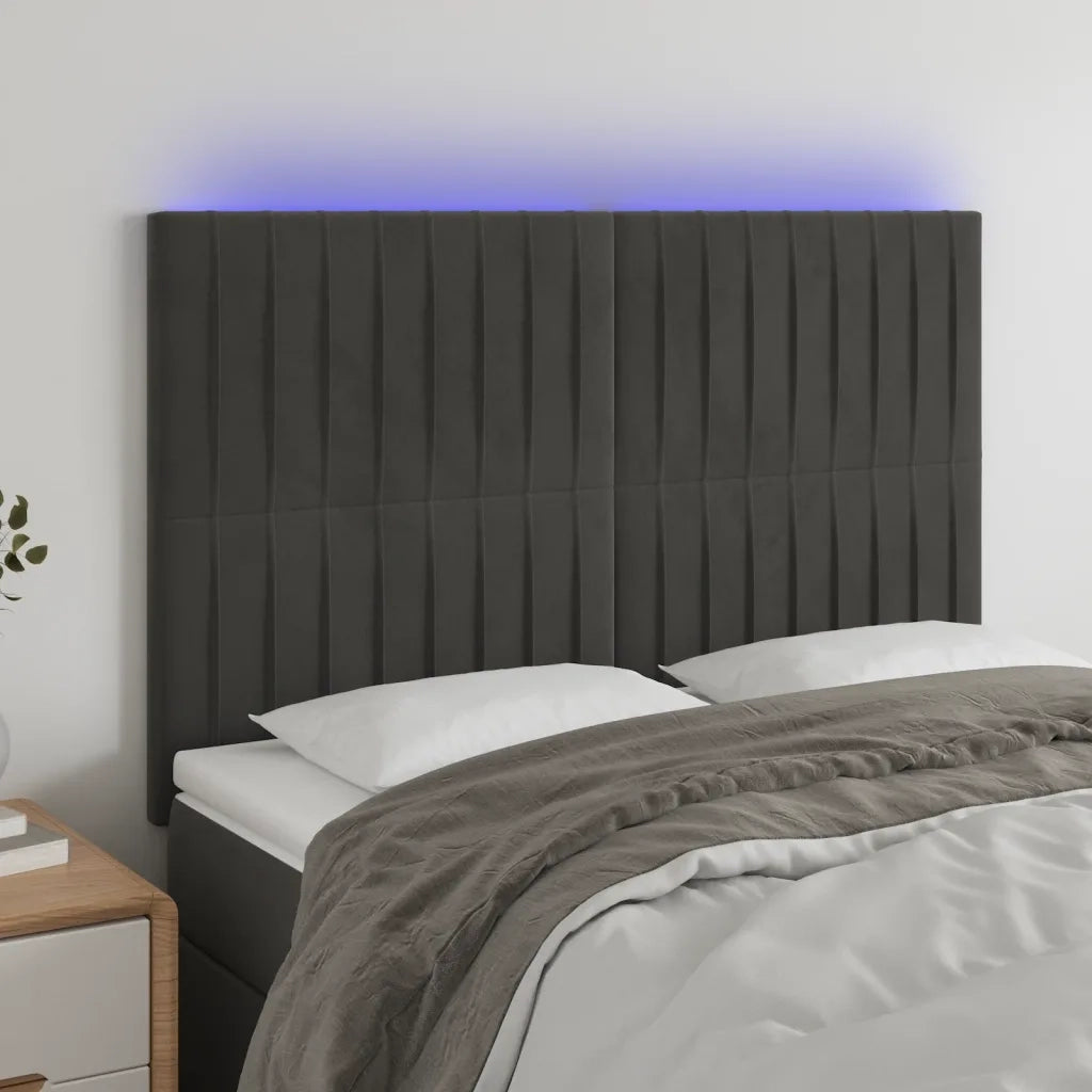 Testiera a LED-Testata con LED Grigio Scuro 144x5x118/128cm in Velluto 247608