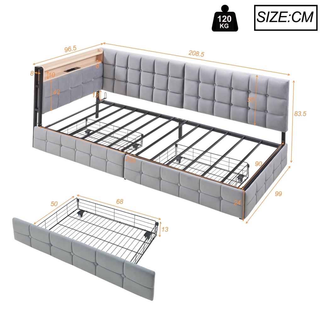 Divano letto imbottito 90x200 cm con LED, USB-C e 2 cassetti