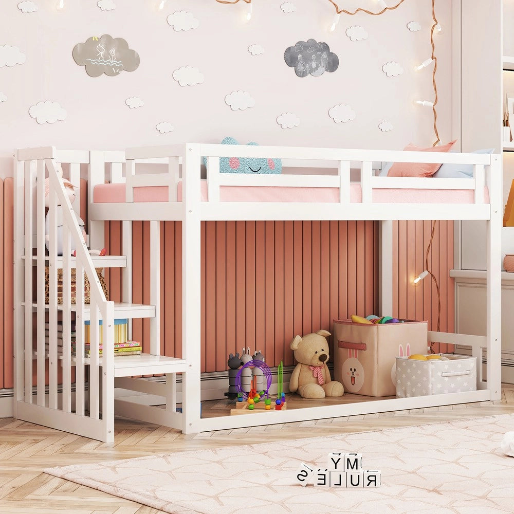 Letto a Castello Basso per Bambini con Scala ¨C MINIMAL ¨C Massello Bianco, Doghe, 90x200