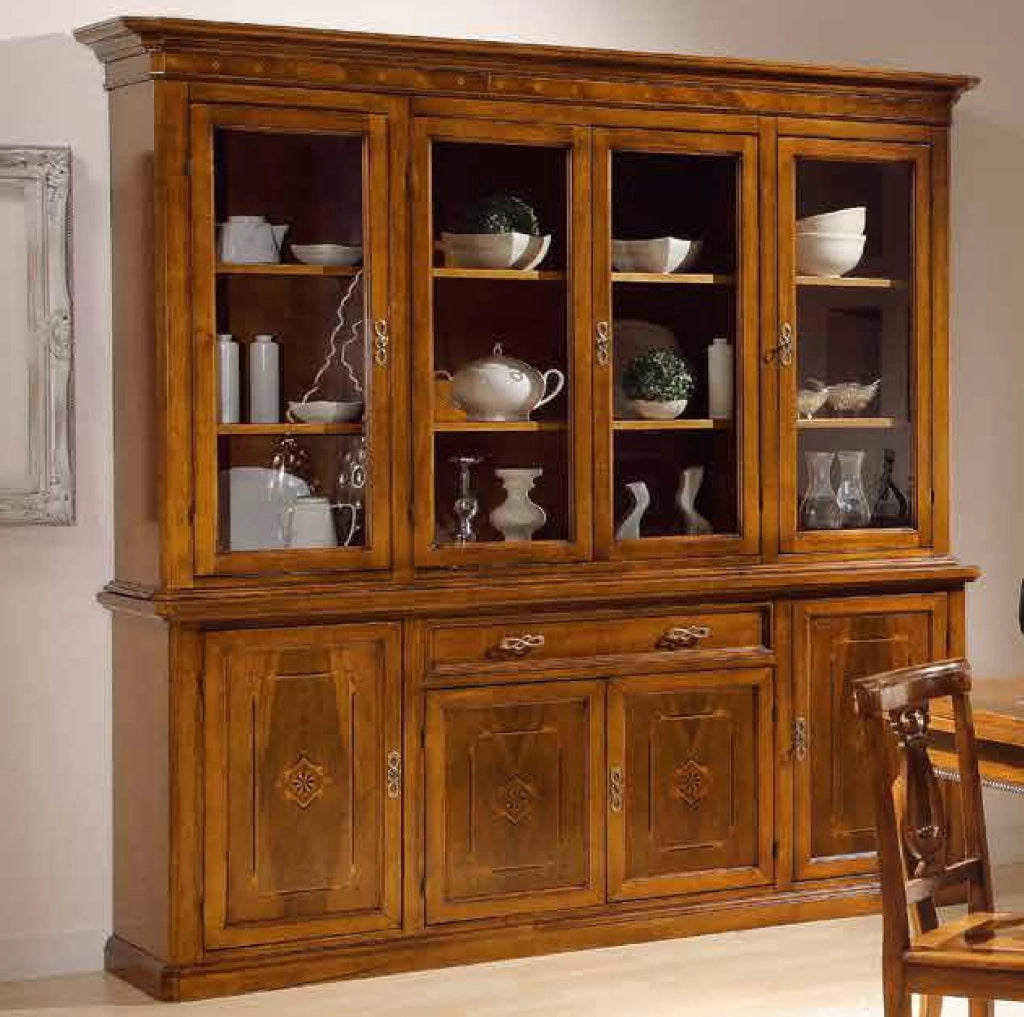 Cristalliera in legno 8 porte 1 cassetto con intarsio finitura bassano misure l.220 p.49 h.222 - Mobili 2G