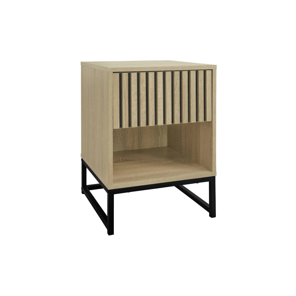 Comodino contemporaneo effetto legno scanalato con 1 cassetto, marrone