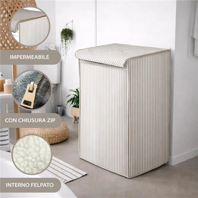 COPRILAVATRICE IN TESSUTO CON CHIUSURA ZIP, CON FANTASIA A RIGHE MARRONE, DIMENSIONI 65X55X85CM