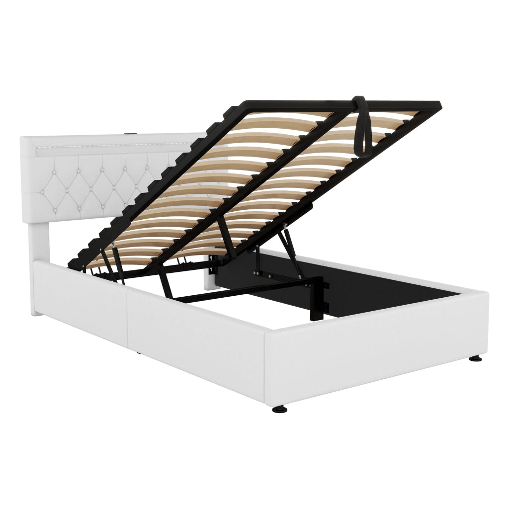 Letti contenitori 140x200 cm; sollevabile con LED e porte USB; in lino e MDF; bianco