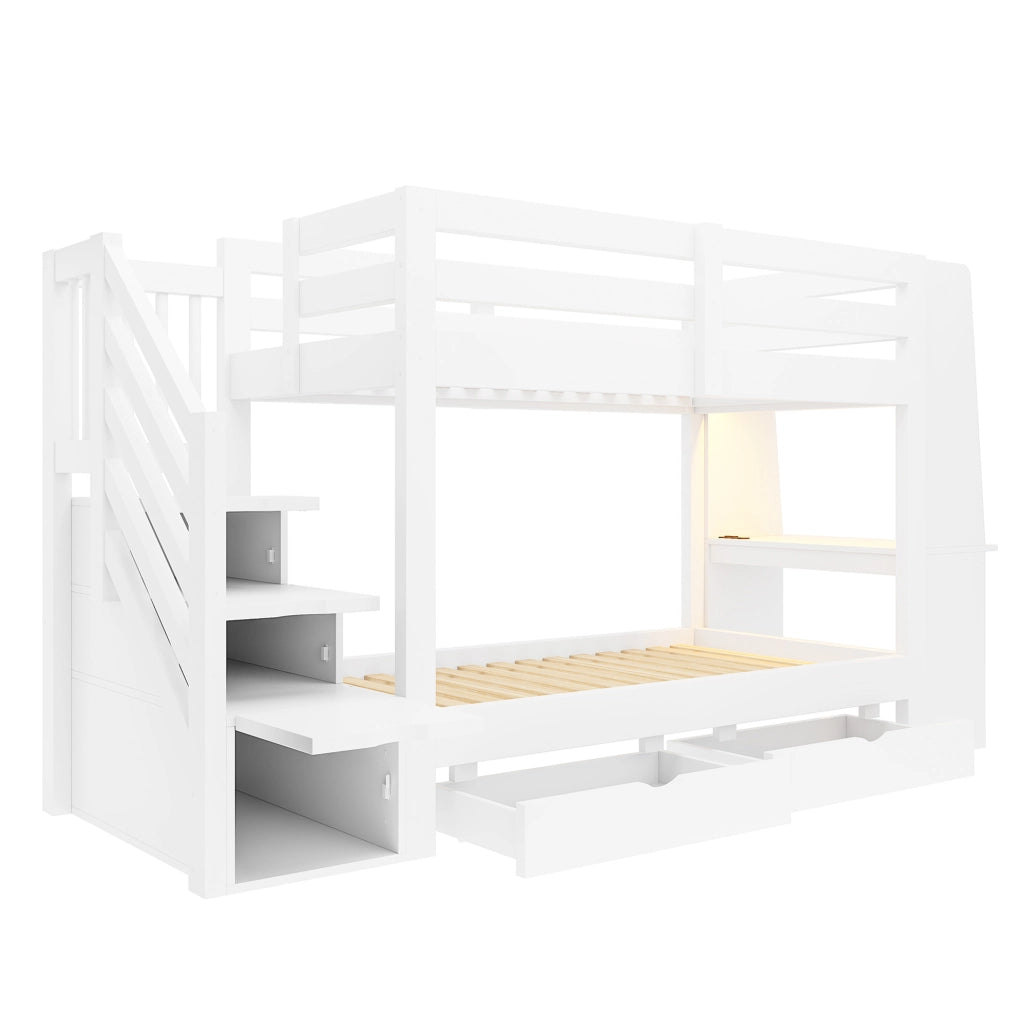 Letto a soppalco per bambini 90x200 cm in legno; con scrivania; LED e cassetti; bianco