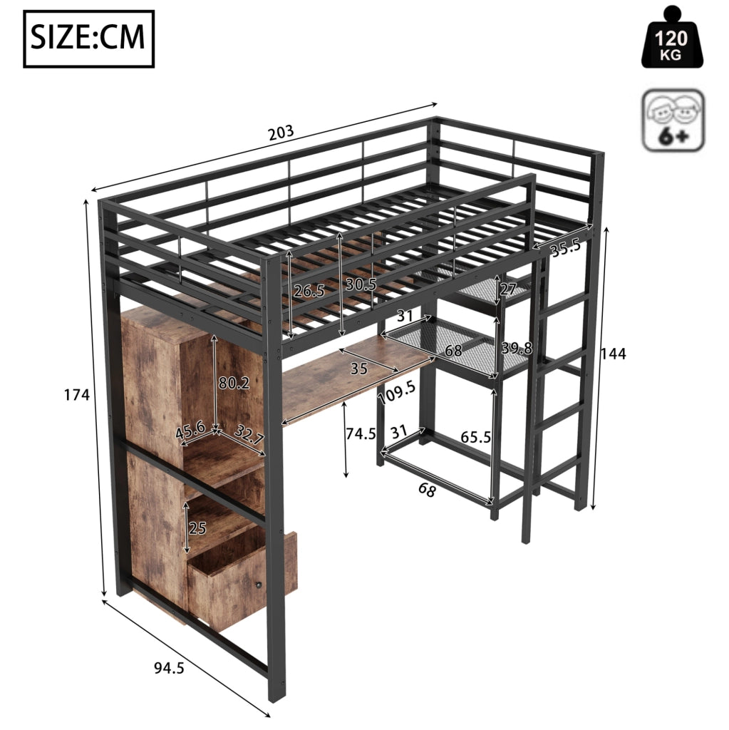 Letto a soppalco 90x200 cm in metallo e MDF; nero; con LED; scrivania; cassetto e ripiani
