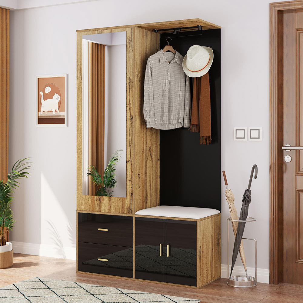 Armoire de chaussures ??l??gante - Xylo - Noir et bois avec miroir, banc et cintres