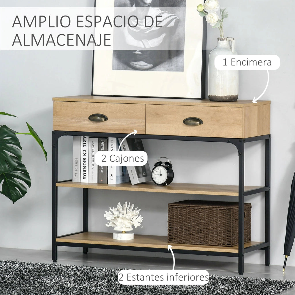 Tavolo da ingresso con 2 cassetti e 2 ripiani ¨C Zephmum ¨C 100x35x79 cm effetto rovere