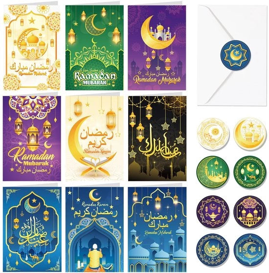 Carte di Auguri per il Ramadan - 18 pezzi - Inclusi Buste e Sticker - Ideali per Regali di Ramadan - Unisex