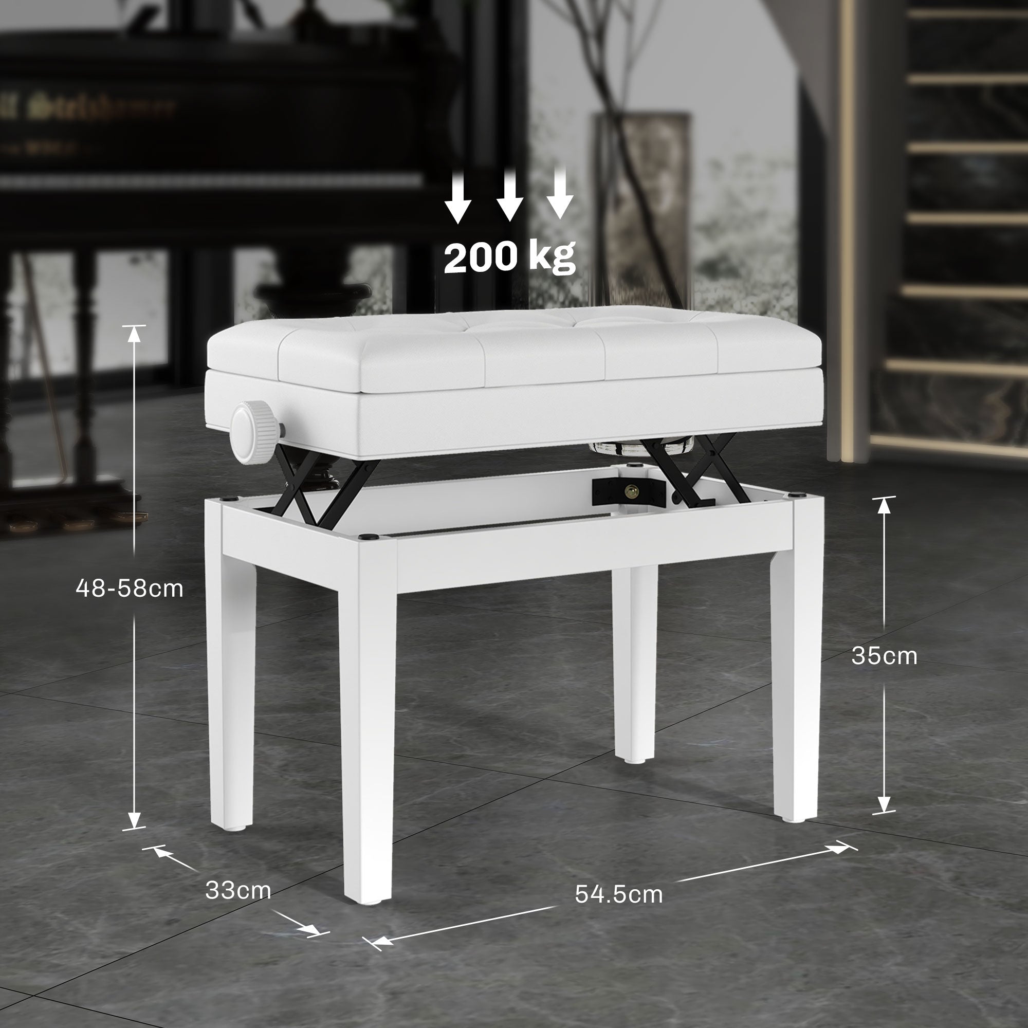 Sgabello Pianoforte 54,5x33x48-58 cm Regolabile con Vano Portaoggetti e Seduta Imbottita Bianco