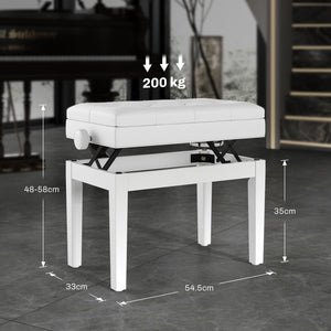 Sgabello Pianoforte 54,5x33x48-58 cm Regolabile con Vano Portaoggetti e Seduta Imbottita Bianco