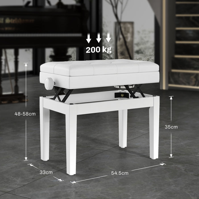 Sgabello Pianoforte 54,5x33x48-58 cm Regolabile con Vano Portaoggetti e Seduta Imbottita Bianco