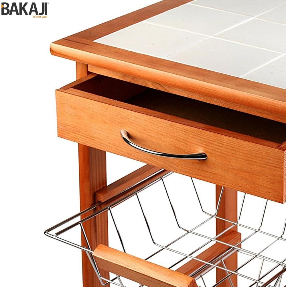 Carrello Cucina in legno 3 Cestelli Acciaio e Ripiano 9 Mattonelle in Ceramica