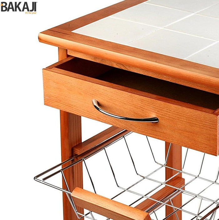 Carrello Cucina in legno 3 Cestelli Acciaio e Ripiano 9 Mattonelle in Ceramica